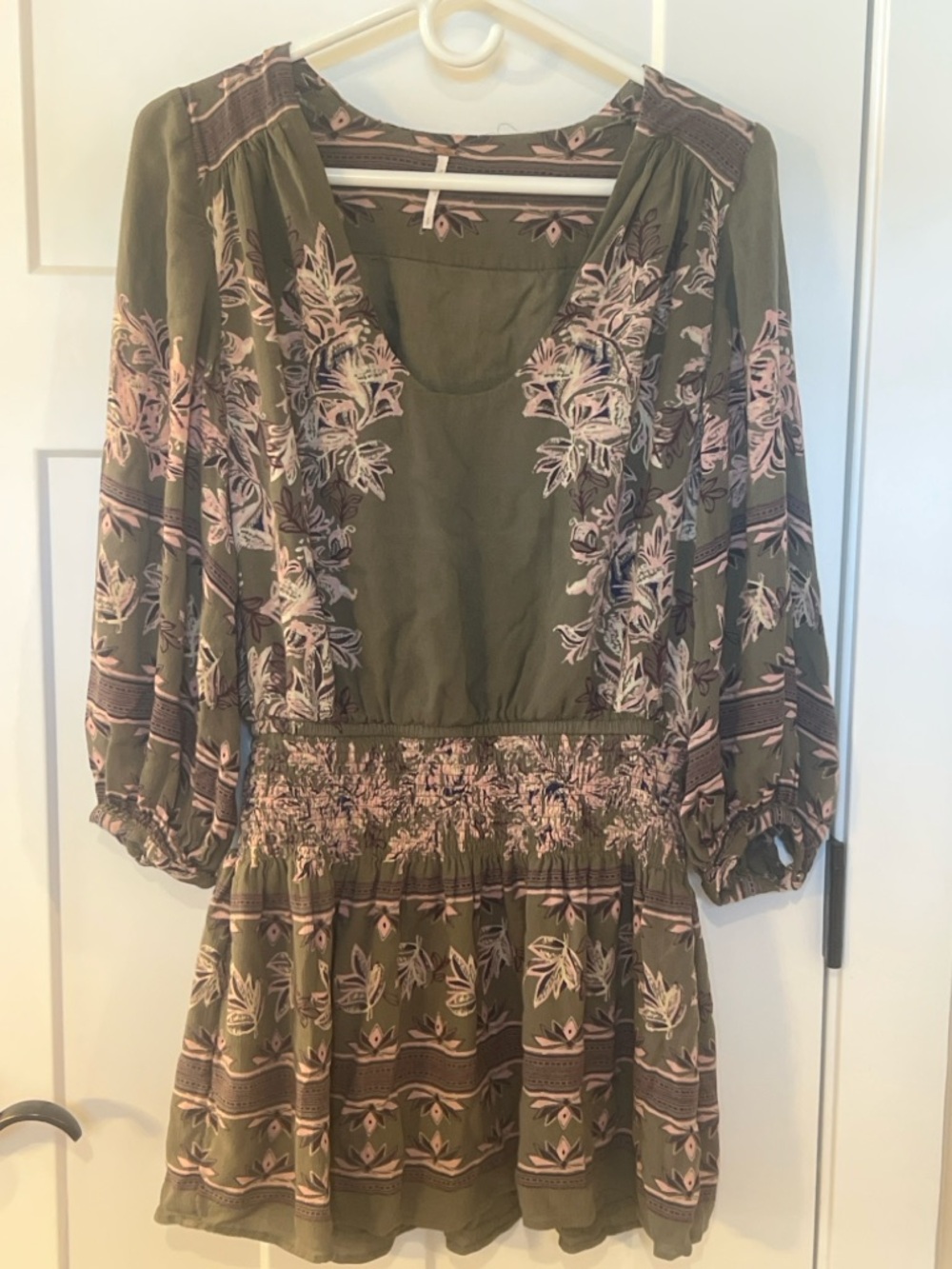 Free People Boho Mini Dress Small Olive Green Floral Smocked Waist
